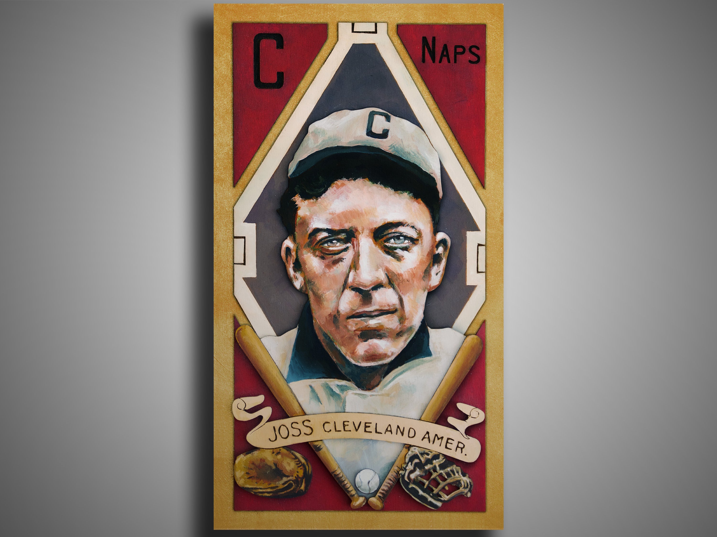 Addie Joss Cleveland Naps • T205 inspired baseball ORIGINAL PARALLAX PAINTING 8.5x15