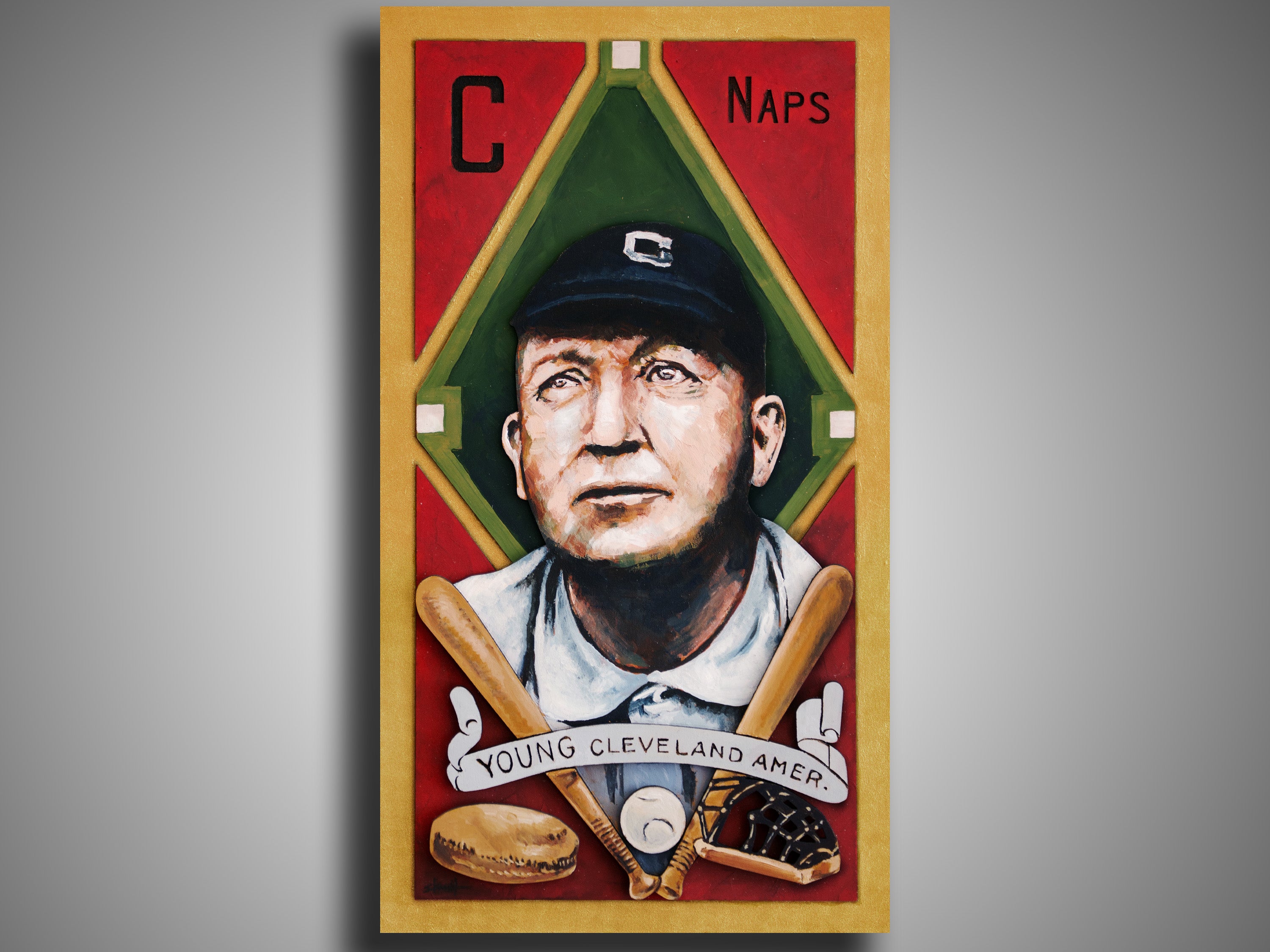 Cy Young Cleveland Naps • T205 inspired baseball ORIGINAL PARALLAX PAINTING 8.5x15