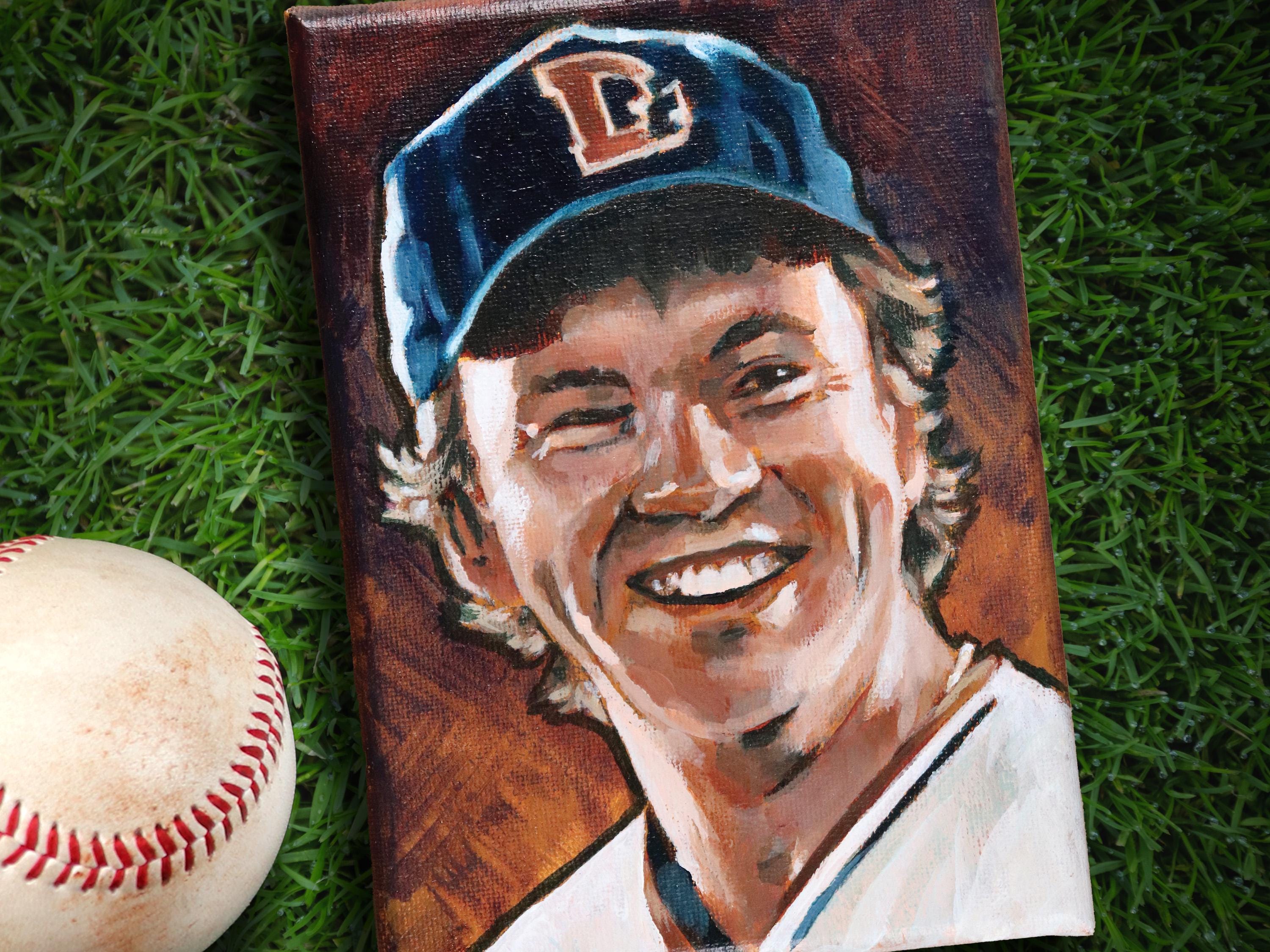 Nuke LaLoosh Bull Durham Tim Robbins • baseball original acrylic painting on canvas 5x7